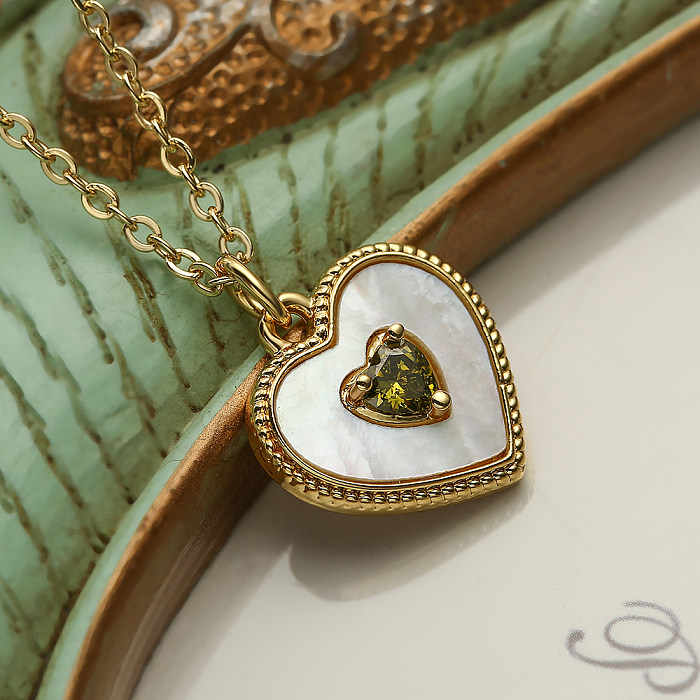 Simple Style Commute Heart Shape Copper Plating Inlay Shell Zircon 18K Gold Plated Pendant Necklace