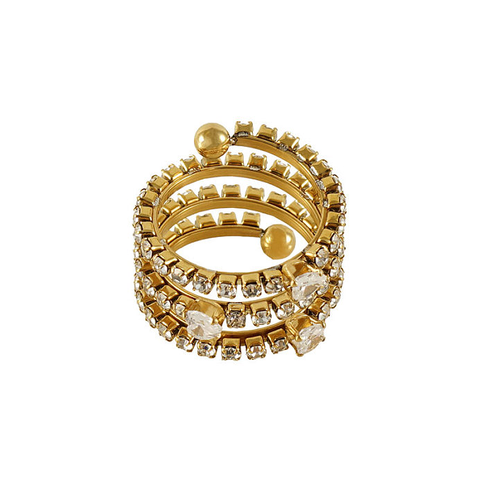 Anillo de banda ancha chapado en oro de 18 quilates con incrustaciones de diamantes de imitación y circonita redonda brillante elegante