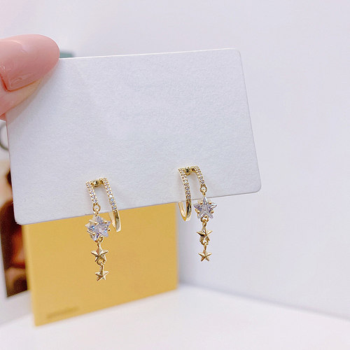 1 Pair Elegant Shiny Star Plating Inlay Copper Zircon Gold Plated Drop Earrings