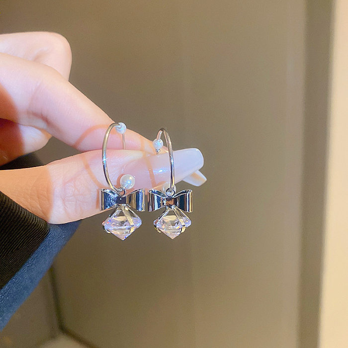 1 Pair Lady Korean Style Bow Knot Inlay Copper Zircon Drop Earrings