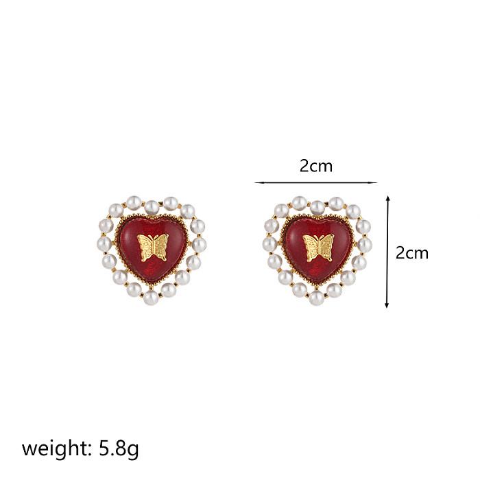 1 Pair Classical Retro Heart Shape Butterfly Plating Inlay Copper Pearl 18K Gold Plated Ear Studs