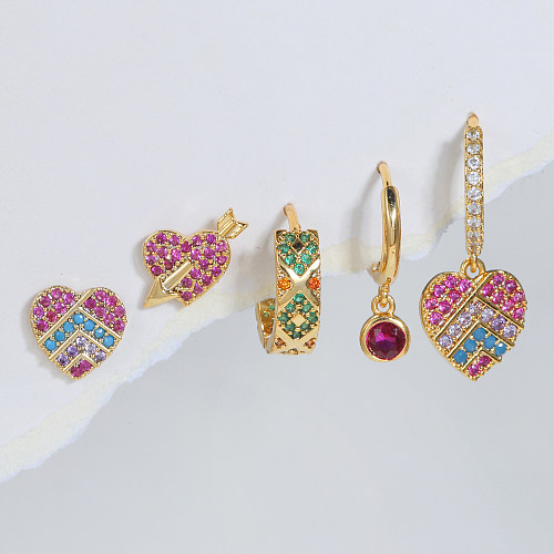 Retro Color Block Heart Shape Brass Gold Plated Zircon Earrings 5 Piece Set