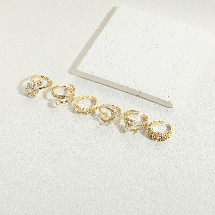 Estilo clássico cor sólida chapeamento de cobre embutimento pérola zircão anéis banhados a ouro 14K