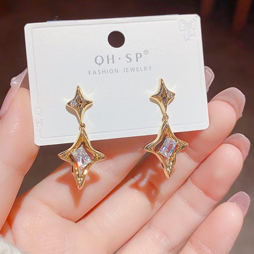1 paire de boucles d'oreilles pendantes en cuivre et Zircon, Style Simple coréen, incrustation d'étoile plaquée