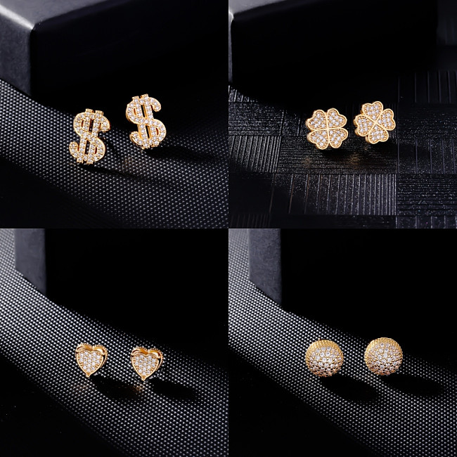 1 Pair Simple Style Four Leaf Clover Heart Shape Dollar Inlay Copper Zircon Ear Studs