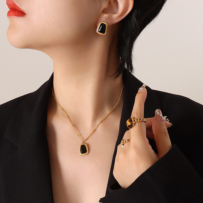 Conjuntos de joias de opala embutidas de colar de brincos de aço de titânio geométrico de moda feminina