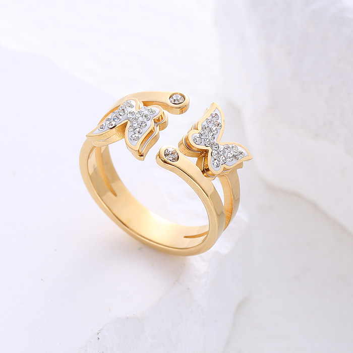 Casual Sweet Butterfly Stainless Steel Plating Inlay Zircon 24K Gold Plated Open Ring