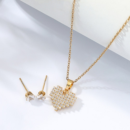 Modisches Herz-Halsketten-Ohrring-Set aus Edelstahl mit eingelegter Zirkonbeschichtung und 18 Karat Gold