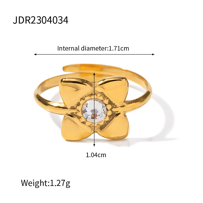 Offener Ring mit Retro-Blütenblatt-Edelstahl-Inlay und Zirkon