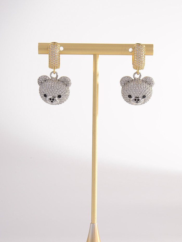 1 Paar niedliche Bären-Ohrringe mit Kupfer-Strass-Inlay und 18-karätiger Vergoldung