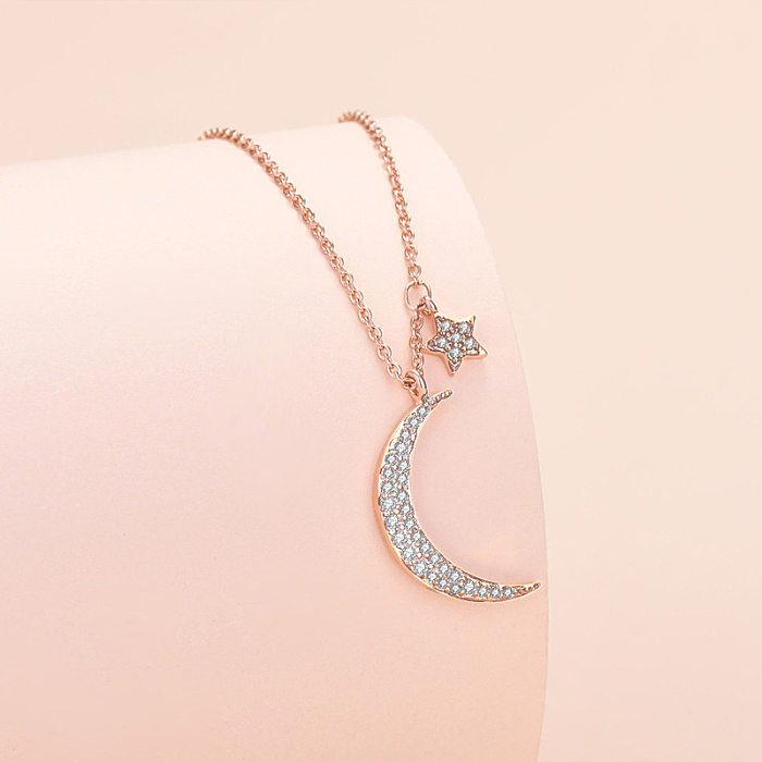 Simple Style Star Moon Copper Inlay Zircon Pendant Necklace