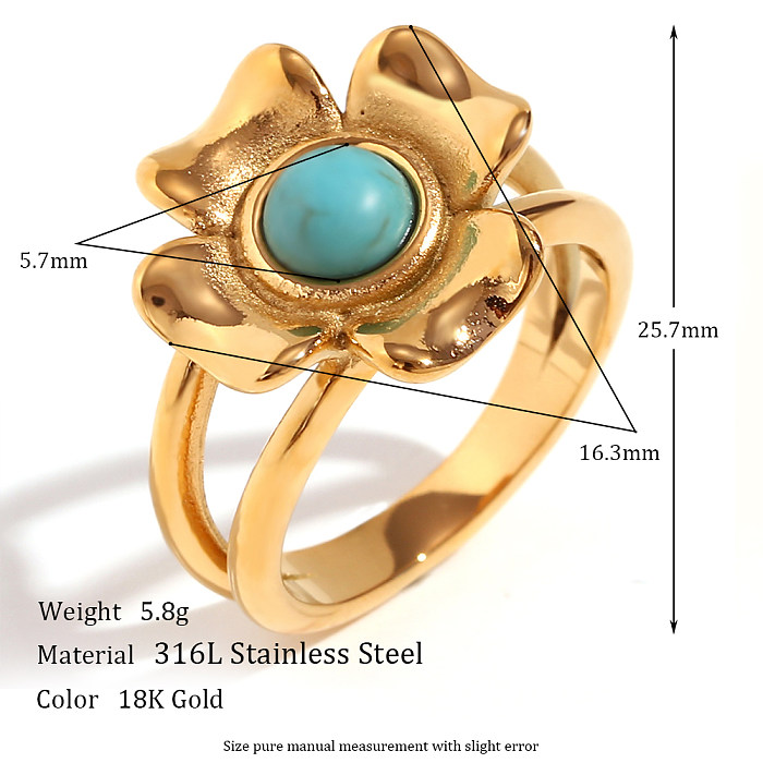 Básico estilo vintage estilo clássico flor chapeamento de aço inoxidável incrustação turquesa anéis banhados a ouro 18K