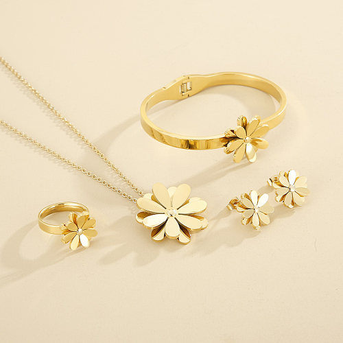 Casual Daisy Titanium Steel Plating 18K Gold Plated Jewelry Set