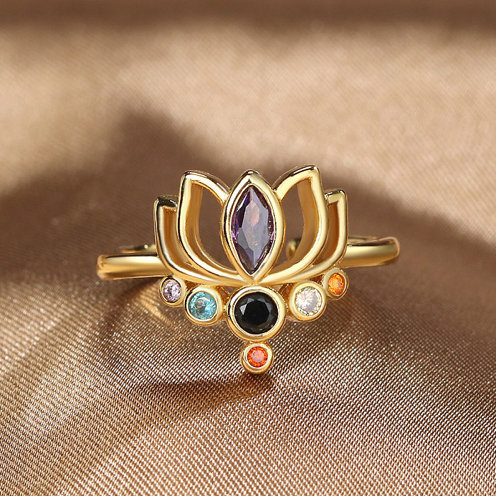 Simple Style Infinity Crown Flower Copper Inlay Zircon Open Rings