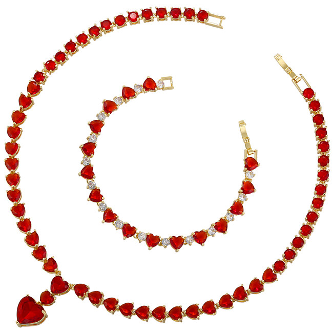 Elegant Shiny Heart Shape Copper Plating Inlay Zircon 18K Gold Plated Women'S Bracelets Necklace