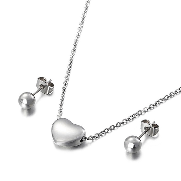 Simple Solid Color Stainless Steel Heart-shaped Small Round Bead Earrings Two-piece Set Wholesale jewelry