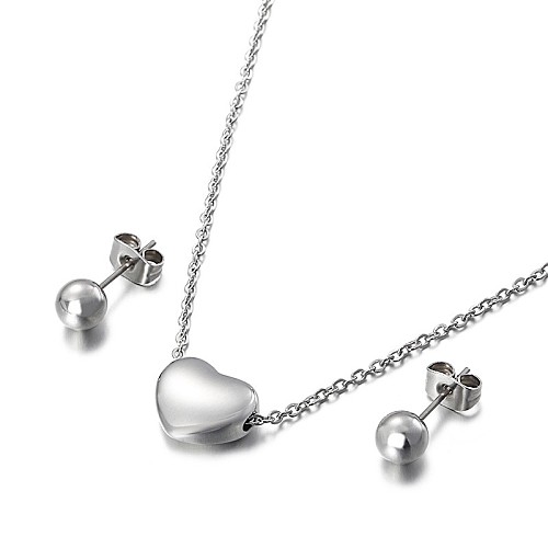 Boucles d'oreilles simples en forme de cœur en acier inoxydable, couleur unie, petites perles rondes, ensemble deux pièces, vente en gros de bijoux
