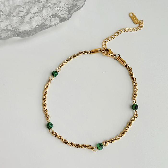 IG Style Elegante runde Edelstahl-Fußkettchen-Halskette mit Malachit-Süßwasserperle und 18 Karat vergoldeten Armbändern