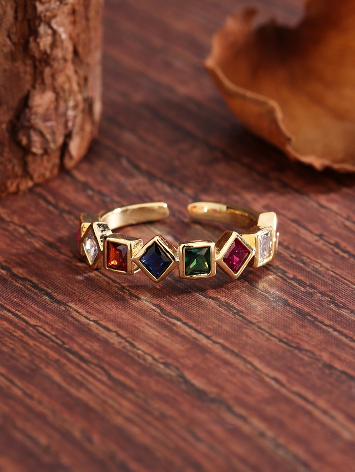 Vintage Style Square Copper Plating Inlay Zircon 18K Gold Plated Rings