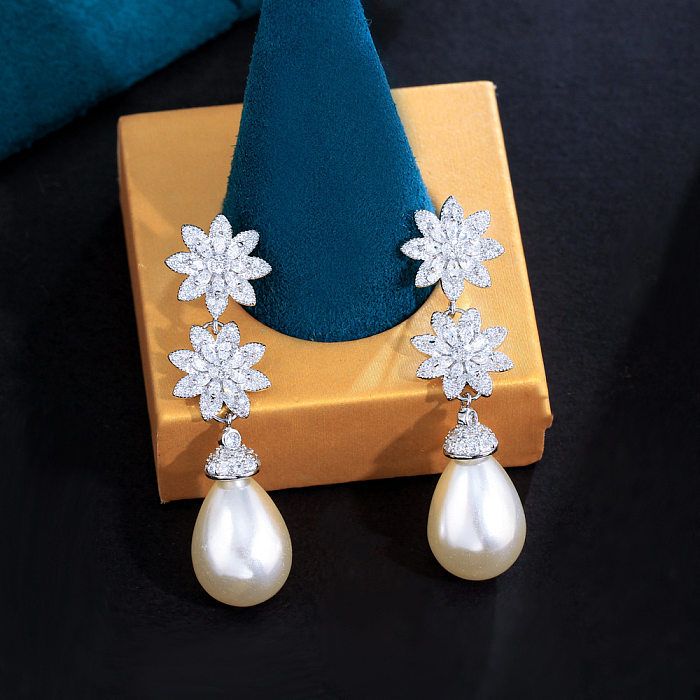 1 Paar süße Schneeflocken-Überzug-Inlay-Kupfer-Kunstperlen, künstlicher Diamant, versilberte Tropfen-Ohrringe