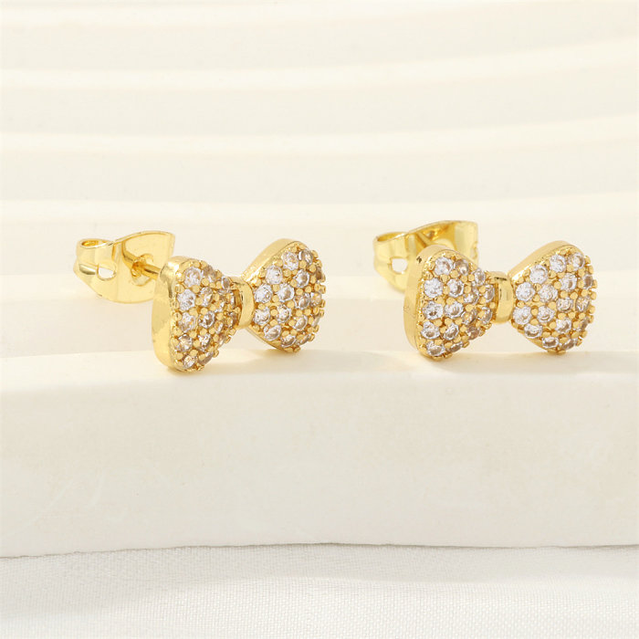 1 Pair Simple Style Heart Shape Butterfly Bow Knot Plating Inlay Copper Zircon 18K Gold Plated Ear Studs