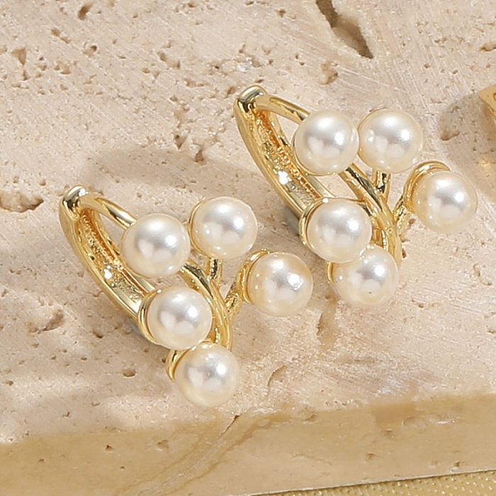 1 Pair Simple Style U Shape Leaves Freshwater Pearl Copper Asymmetrical Plating Inlay Pearl 14K Gold Plated Drop Earrings Earrings