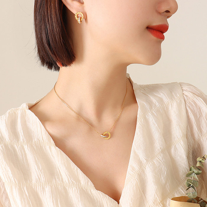 Elegant Roman Numeral Titanium Steel Inlay Artificial Gemstones Earrings Necklace