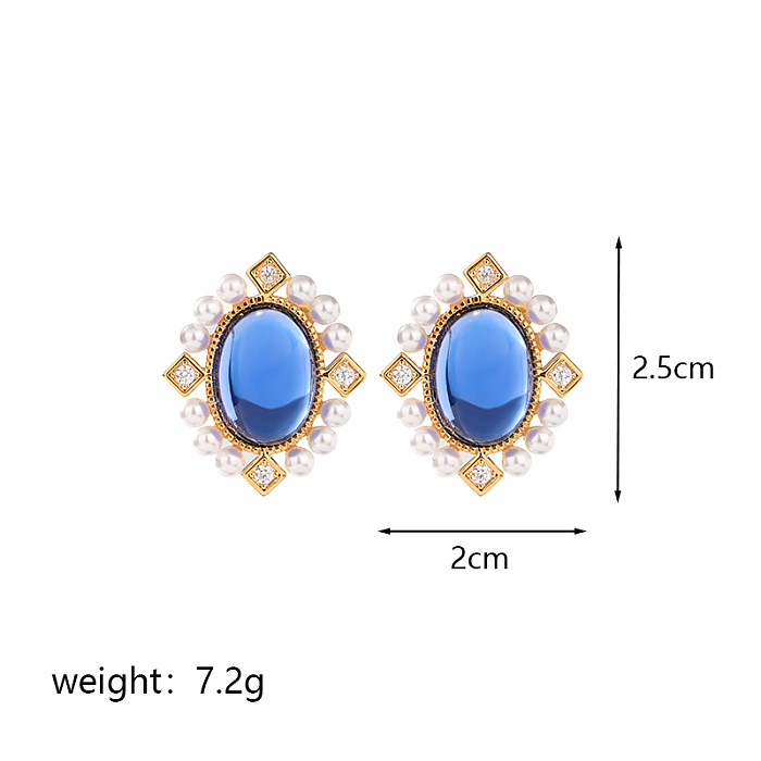 1 Pair Vintage Style Roman Style Oval Plating Inlay Copper Artificial Pearls Resin Zircon 18K Gold Plated Ear Studs