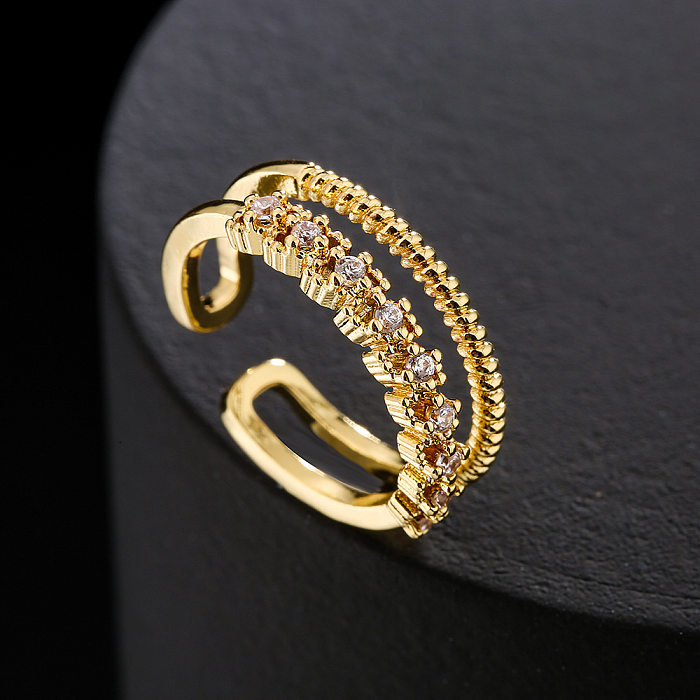 Moda cobre 18K ouro zircão geométrico cruz oca anel aberto