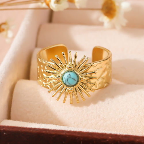 Anéis abertos banhados a ouro turquesa com embutimento de aço titânio geométrico de estilo moderno