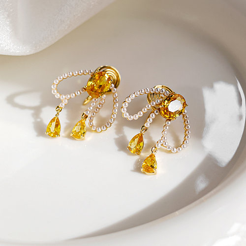 1 paire de clous d'oreilles en cuivre et Zircon, Style Simple, incrustation de placage de nœud papillon, perle artificielle