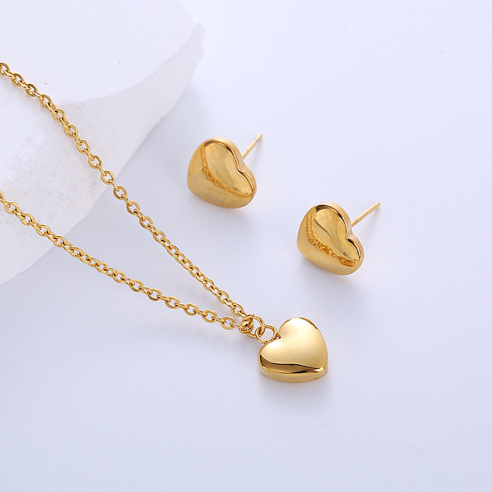 Simple Style Heart Shape Stainless Steel Polishing 18K Gold Plated Earrings Necklace Jewelry Set