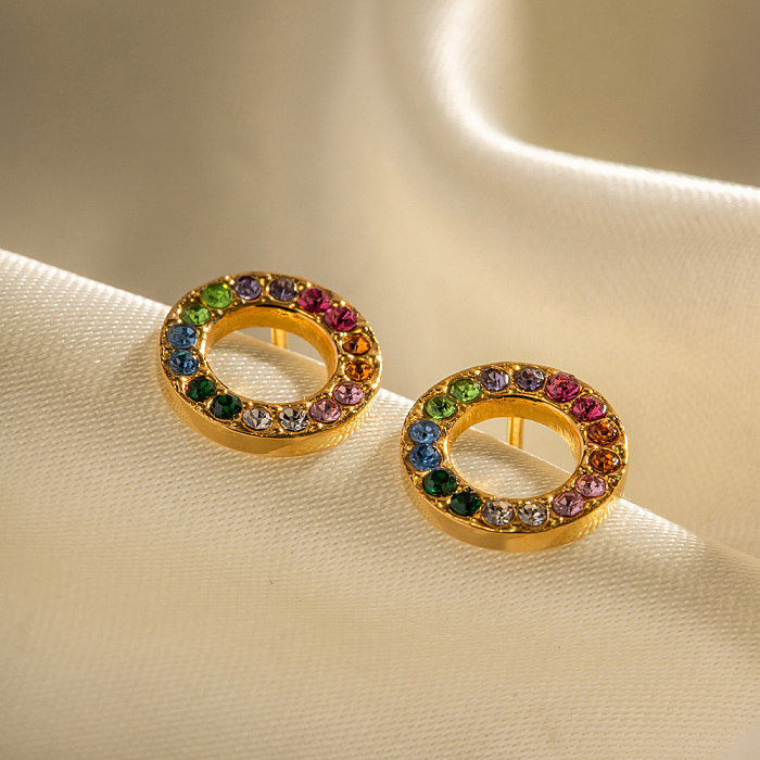 INS Style rétro cercle incrustation en acier inoxydable Zircon plaqué or 18 carats boucles d'oreilles collier