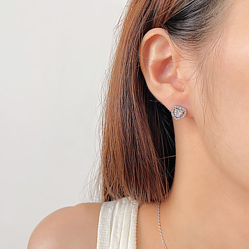 Collier de boucles d'oreilles en Zircon incrusté d'acier inoxydable en forme de cœur de Style Simple