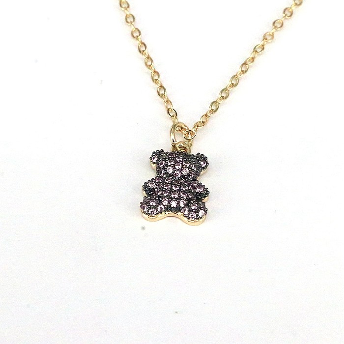 Cute Little Bear Copper Plating Inlay Zircon Gold Plated Pendant Necklace