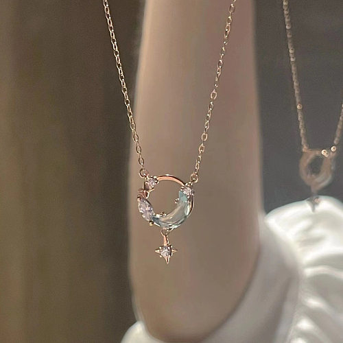 Elegant Star Moon Copper Rhinestones Zircon Pendant Necklace In Bulk