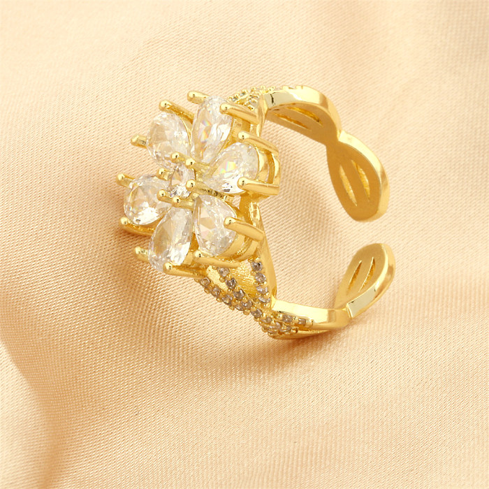 Estilo simples Rosa Flor Chapeamento de Cobre Inlay Zircon 18K Banhado A Ouro Anéis Abertos