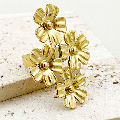 Elegante novidade pastoral flor chapeamento de polimento de aço inoxidável anéis abertos banhados a ouro