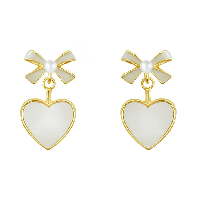 Sweet Bear Heart Shape Bow Knot Copper Inlay Artificial Pearls Rhinestones Earrings 1 Pair