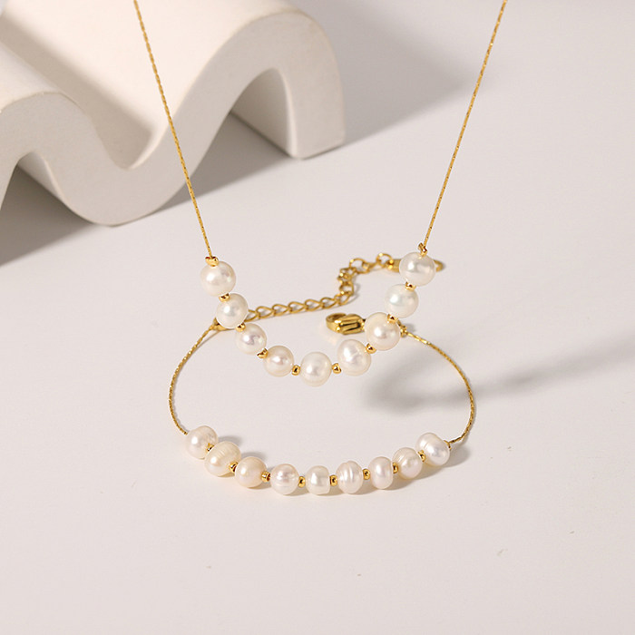 Collar de pulseras chapadas en oro de 18 quilates con revestimiento de perlas de agua dulce de acero inoxidable geométrico de estilo coreano para mujer