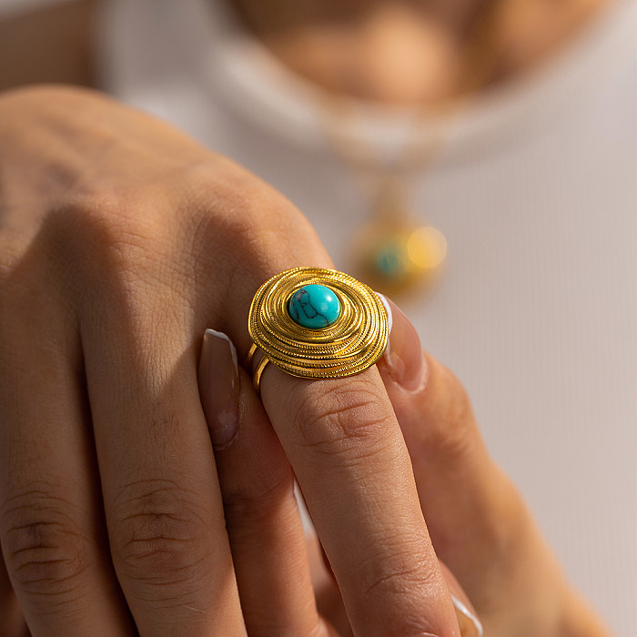 Elegante geometrische Edelstahl-Beschichtung im Vintage-Stil, türkisfarbene 18 Karat vergoldete Ringe, Ohrringe, Halskette