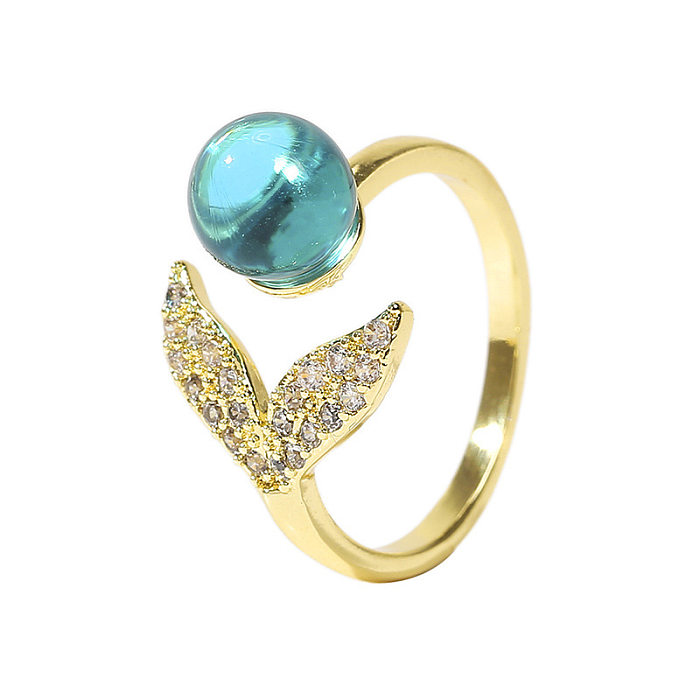 Simple Bead Mermaid Tail Open Creative Copper Inlaid Zirconium Ring Jewelry