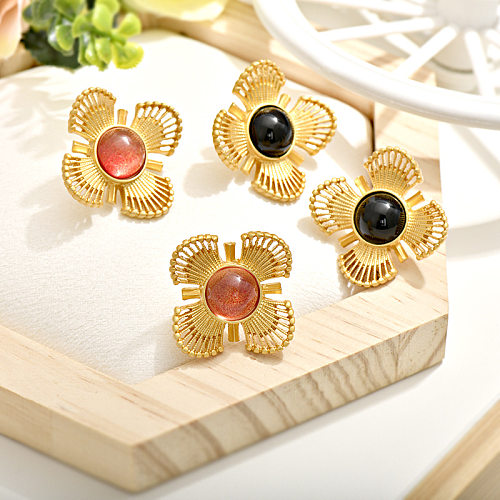 1 Pair Classical Flower Inlay Copper Glass Ear Studs