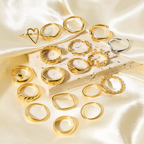 Schlichter Stil, Herzform, Krone, Schleife, Knoten, Edelstahl-Beschichtung, vergoldete Ringe