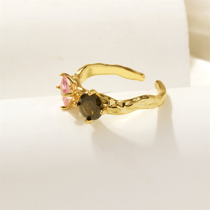 Exaggerated Shiny Irregular Copper Plating Inlay Zircon 18K Gold Plated Open Ring