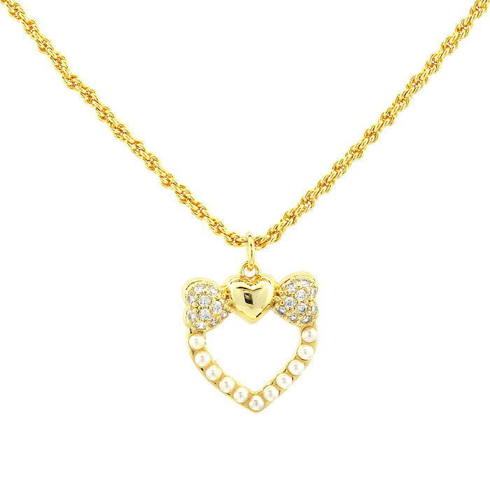 Simple Style Shiny Heart Shape Bow Knot Copper 18K Gold Plated Pearl Zircon Pendant Necklace In Bulk