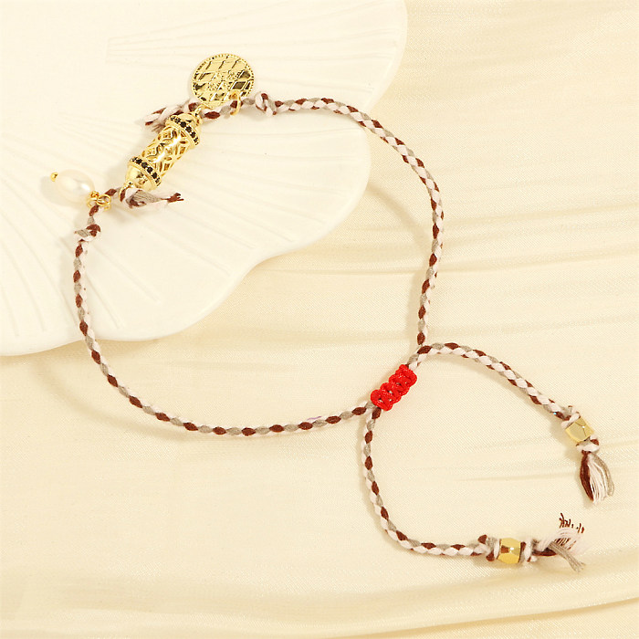 Bohemian Geometric Freshwater Pearl Rope Copper Plating Inlay Zircon 18K Gold Plated Twisted Cable Bracele