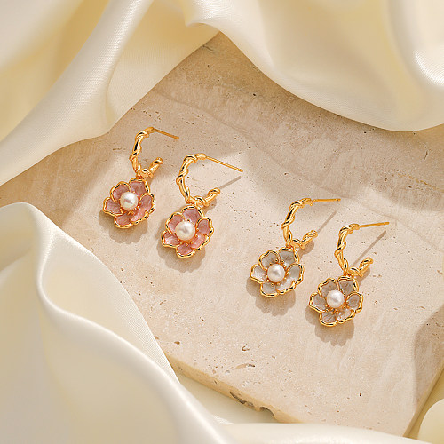 1 Paar elegante, schlichte Ohrringe im koreanischen Stil, Blumen-Epoxidbeschichtung, Inlay aus Kupfer, Süßwasserperle, 18 Karat vergoldet