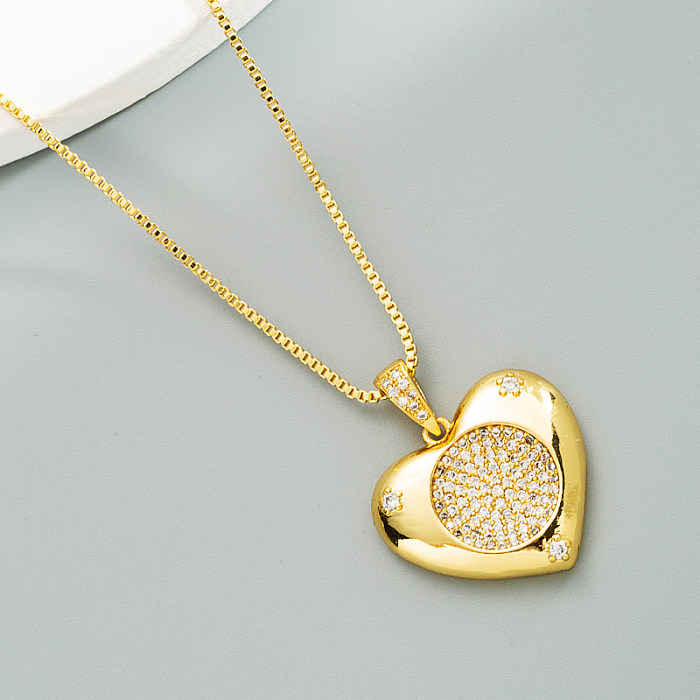 Moda oceano coração oco redondo pingente cobre banhado a ouro incrustado zircão colar em forma de coração
