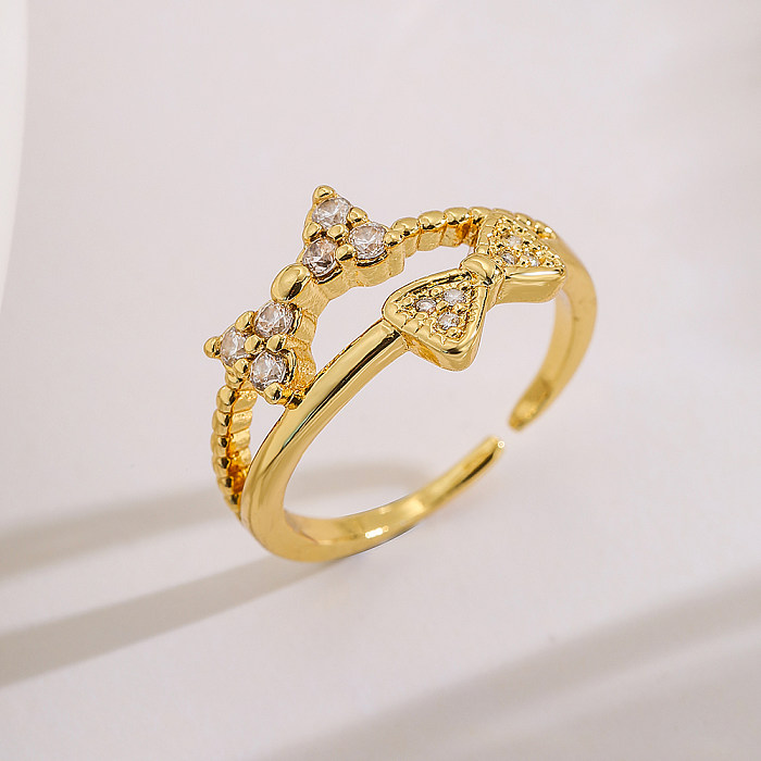 Retro Bow Knot Copper 18K Gold Plated Zircon Open Ring In Bulk
